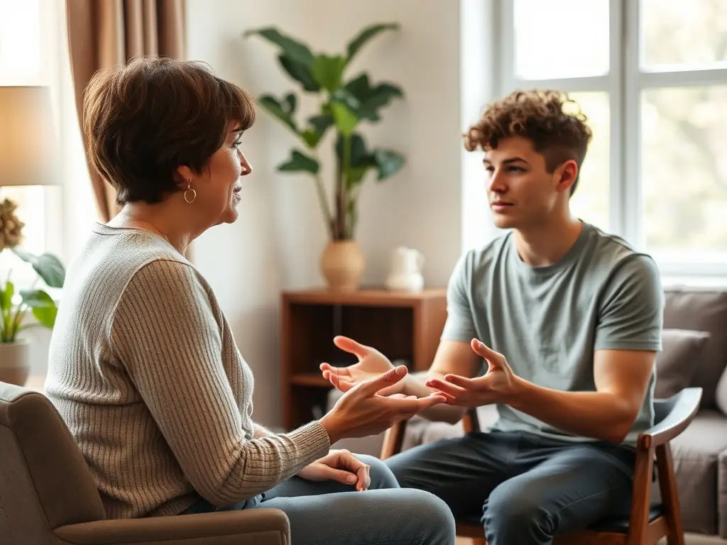 A therapist in a brightly lit office is listening attentively to a client, fostering a supportive and understanding environment during a psychotherapy session.