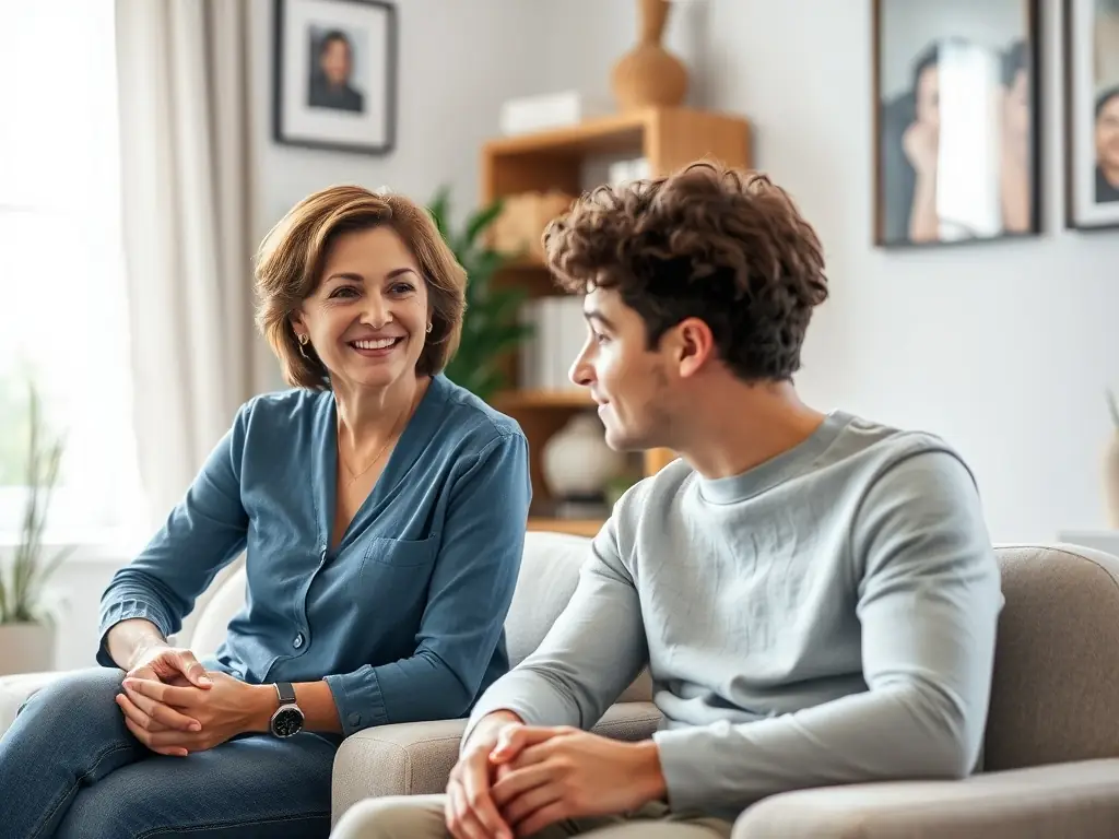 A therapist sitting across from a client in a brightly lit office, engaging in a therapy session, with soft, natural light filtering through the window.