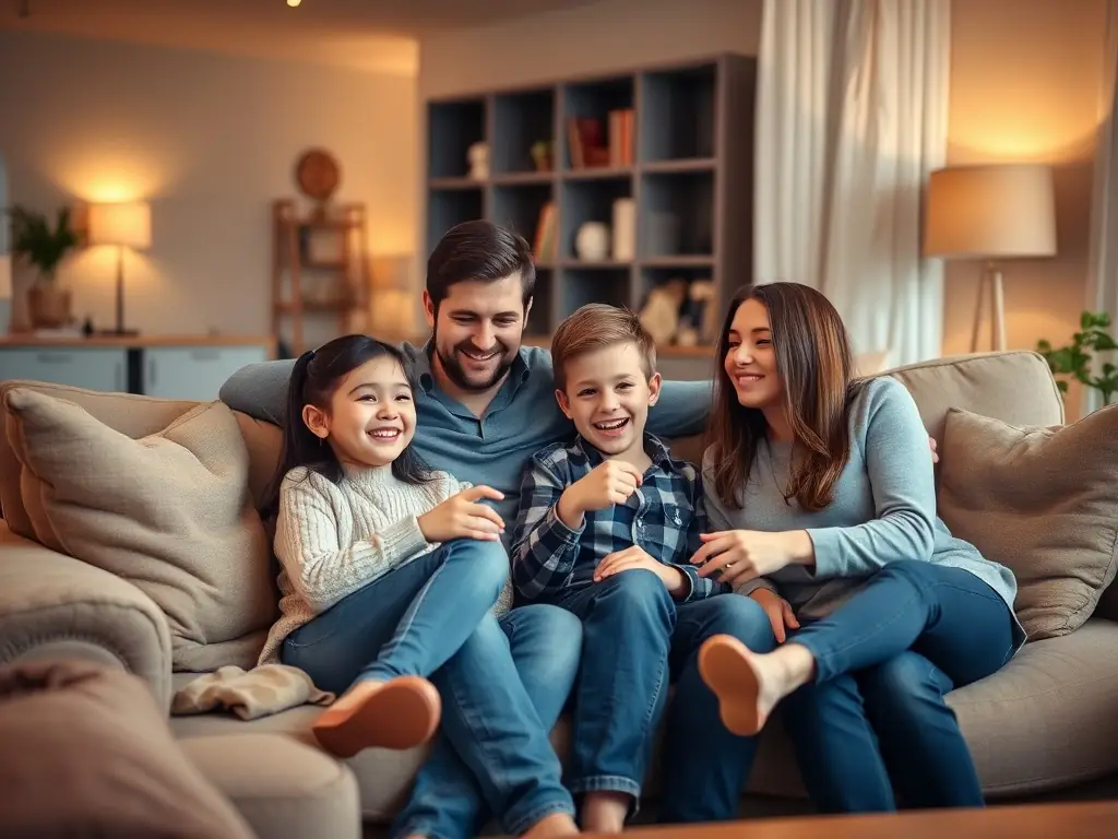 A family of four is sitting together on a couch, laughing and talking, in a cozy living room setting, symbolizing family therapy and improved communication.
