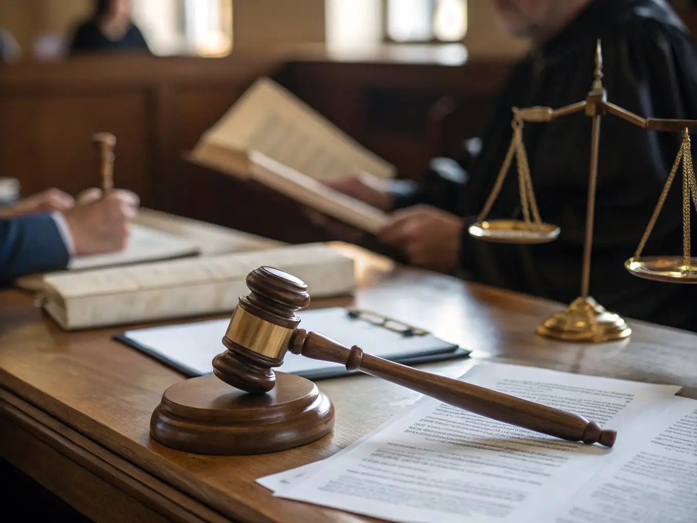 A judge's gavel resting on a law book in a courtroom setting, symbolizing legal proceedings and forensic evaluations.