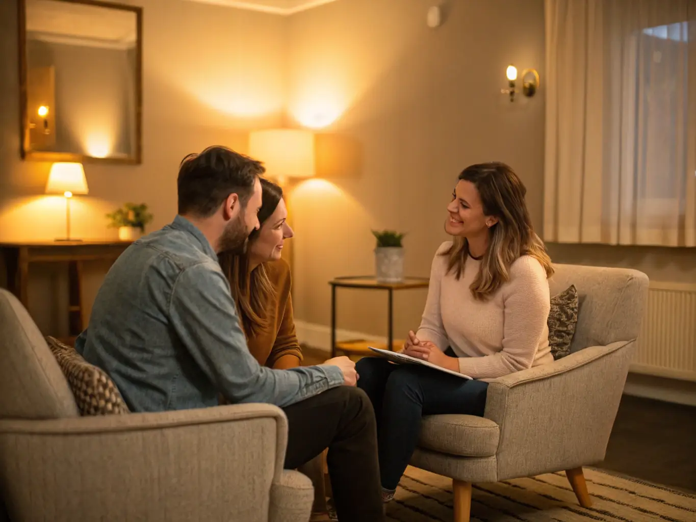 A serene image of a therapist and client in a comfortable home setting, engaged in a counseling session, emphasizing the personalized and relaxed atmosphere of in-home therapy.